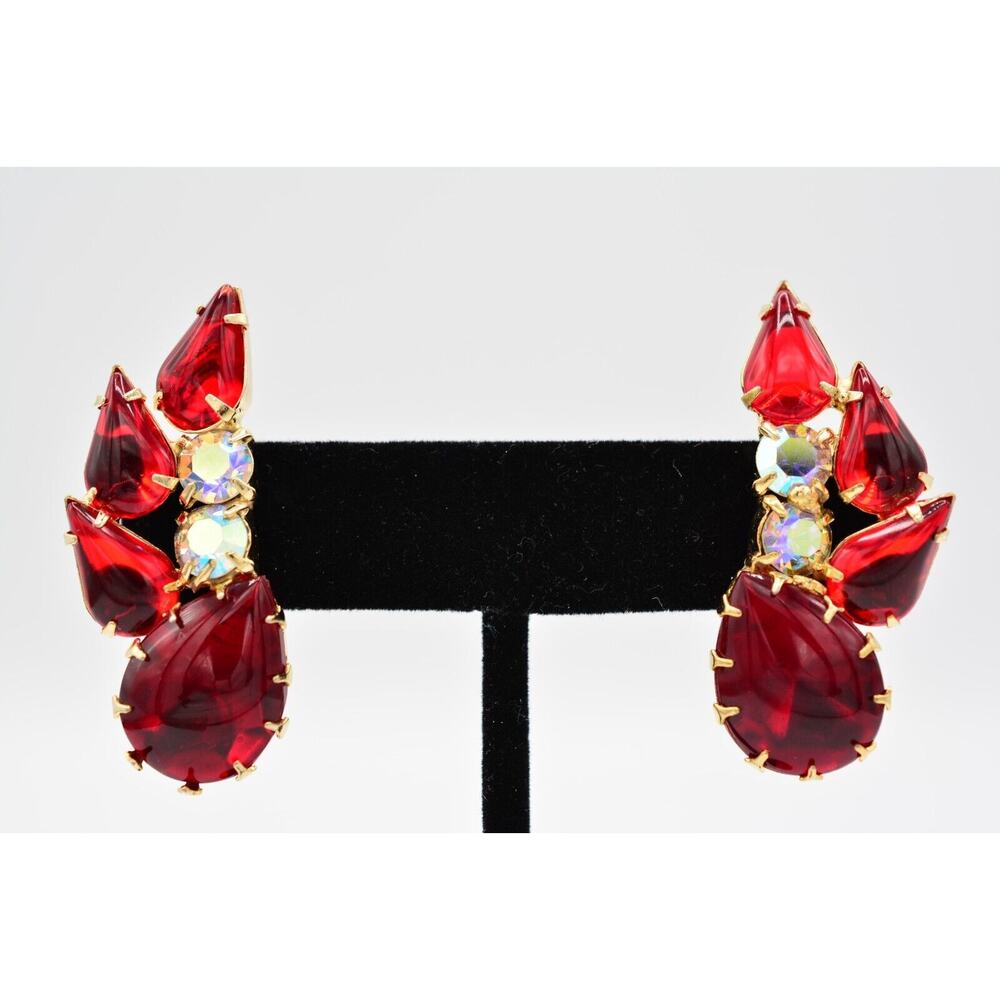 Vintage Cabochon Clip Earrings Red AB Rhinestone Crystal Gold Tone 1980s BinH